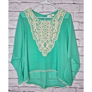 Umgee Boho Mint Green Lace Bib Top Size S Bell Sleeve High Low Chiffon Blouse.